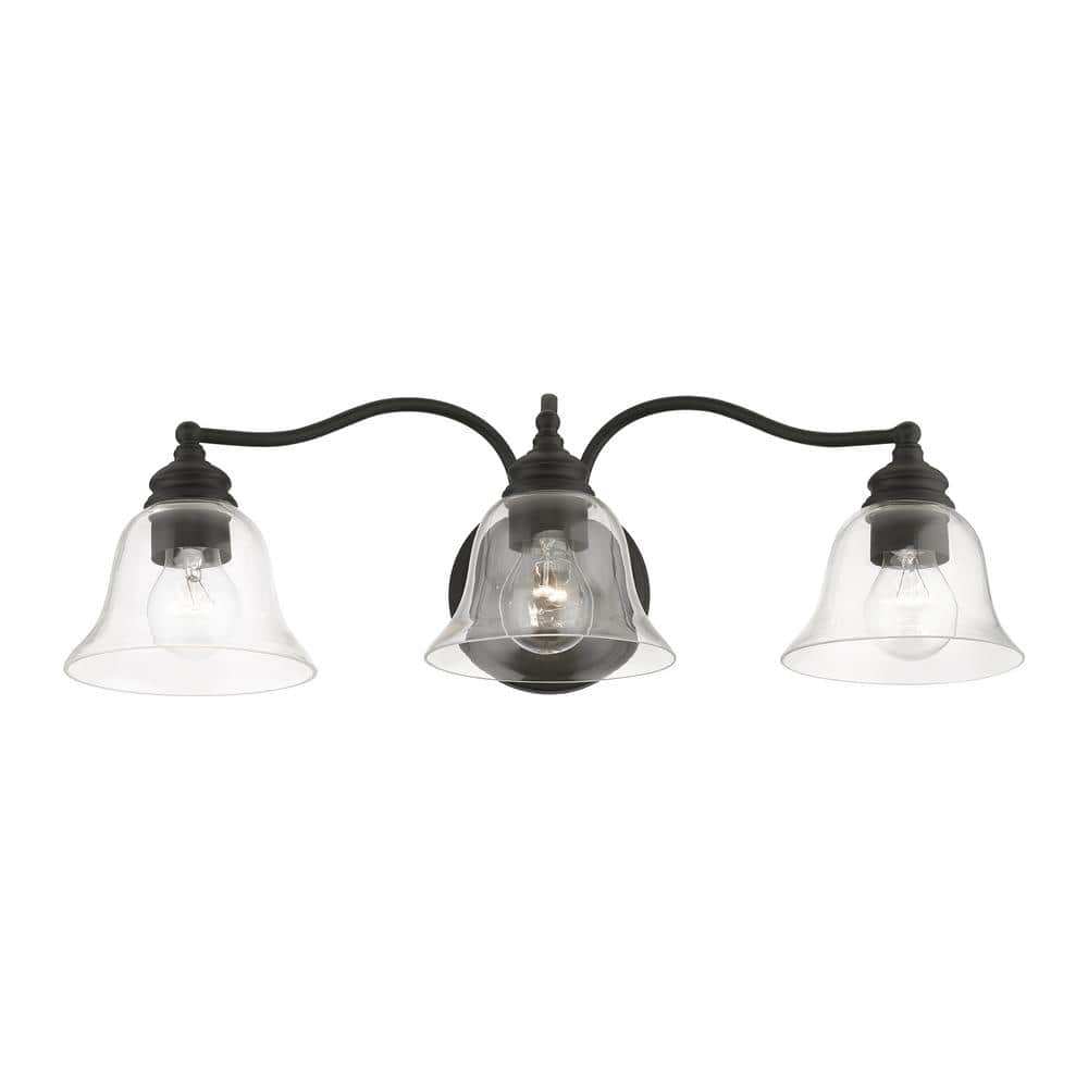 Moreland Transitional 3-Light Vanity Sconce in Black with Hand Blown Glass
