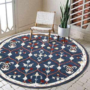 Bella Navy/Red 3 ft. Round Eclectic Hand-Tufted Trellis 100% Wool Round Area Rug