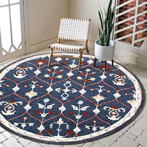 Bella Navy/Red 7 ft. 3 in. Round Eclectic Hand-Tufted Trellis 100% Wool Round Area Rug