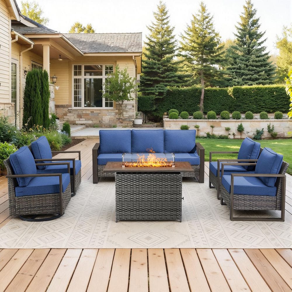 FanKan Gray 6-Piece Wicker Outdoor Glider Chair Patio Deep Seating with Rectangular Fire Table and Blue Cushions price history on PriceWatchPro