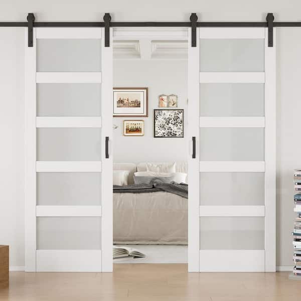 EH PUERTA 60 in. x 84 in. 5-Lite Tempered Frosted Glass White MDF Finished Double Sliding Barn Door Slab with Hardware