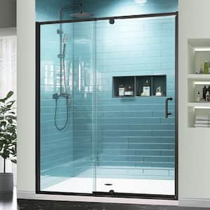 56 - 60 in. W x 71 in. H Pivot Swing Semi-Frameless Shower Door in Black with Clear SGCC Tempered Glass