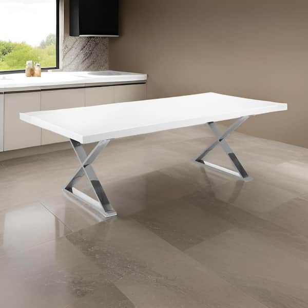 Benjara Rix White and Chrome Wood 39 in. Sled Dining Table Seats 10