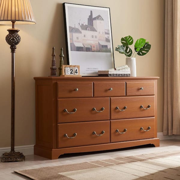 Walnut Brown 7 drawer 54 in. W Dresser Wood Rustic Dressers for Bedroom, Living Room, Hallway
