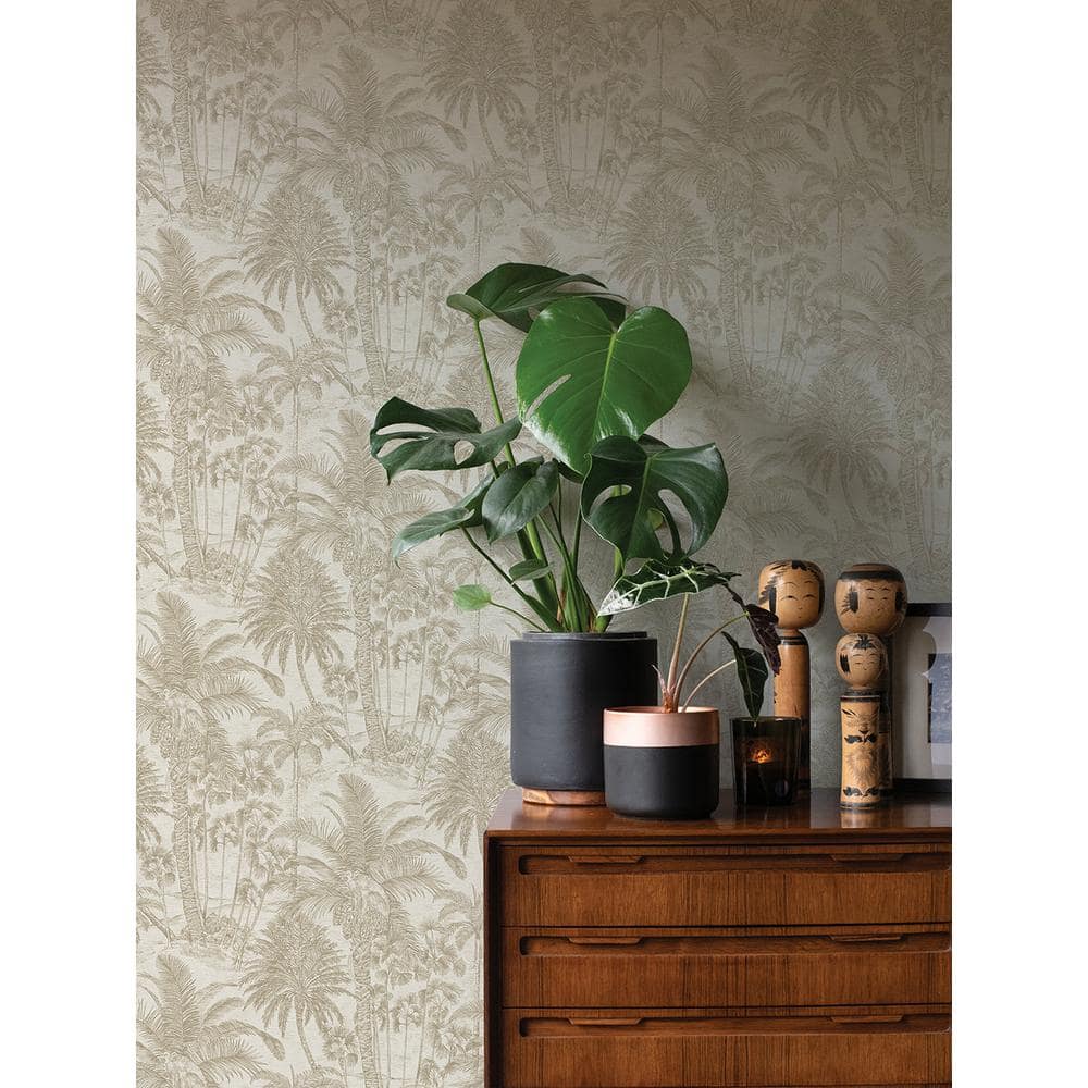 Neutral Gold Palm Trees and Monkeys Vinyl Wallpaper