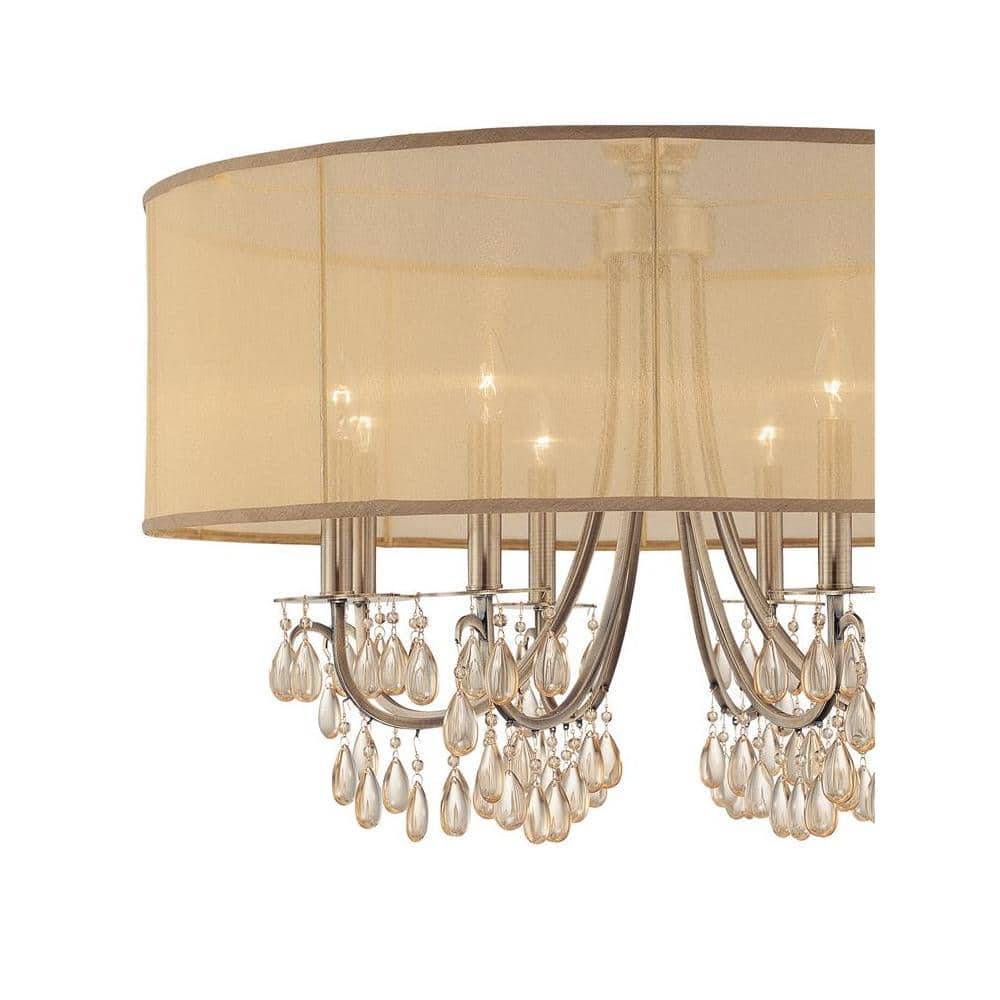 Elegant Antique Brass Drum Chandelier with Silk Shade and Etruscan Teardrop Crystals