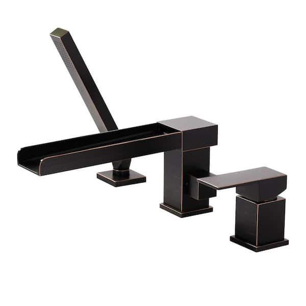 VEVETTA Single-Handle Tub Deck Mount Roman Tub Faucet with 360° Swivel Waterfall Spout with 59 in. Hose in Oil Rubbed Bronze