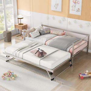 Silver Metal Twin Size Daybed with Adjustable Pop Up Trundle