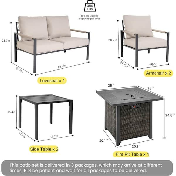 6-Piece Metal Fire Pit Patio Conversation Set Outdoor Furniture Set with 28 in. Square Propane Fire Pit Table, Beige