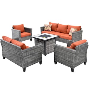Lake Powell Gray 5-Piece Wicker Patio Conversation Fire Pit Seating Sofa Set with a Loveseat and Orange Red Cushions