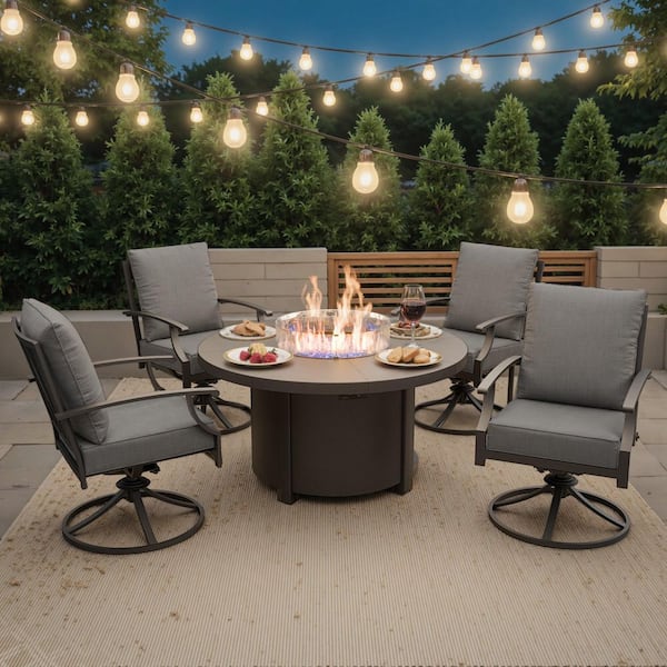 7-Piece Metal Patio Conversation Set with Round Fire Pit Table, 6 Swivel Chairs and Cushion Gray