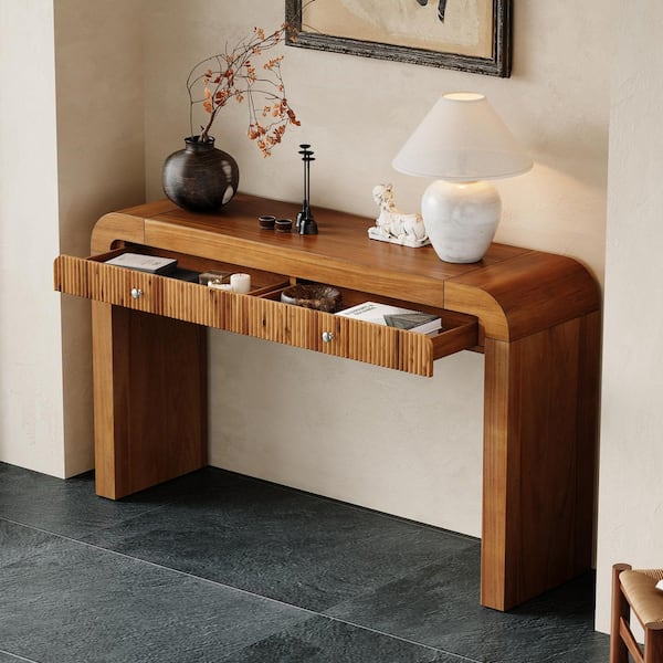 Harper & Bright Designs 54.3 in. Brown Rustic Entryway Rectangle Wood Console Table with Fluted Drawer Front, Thick Legs
