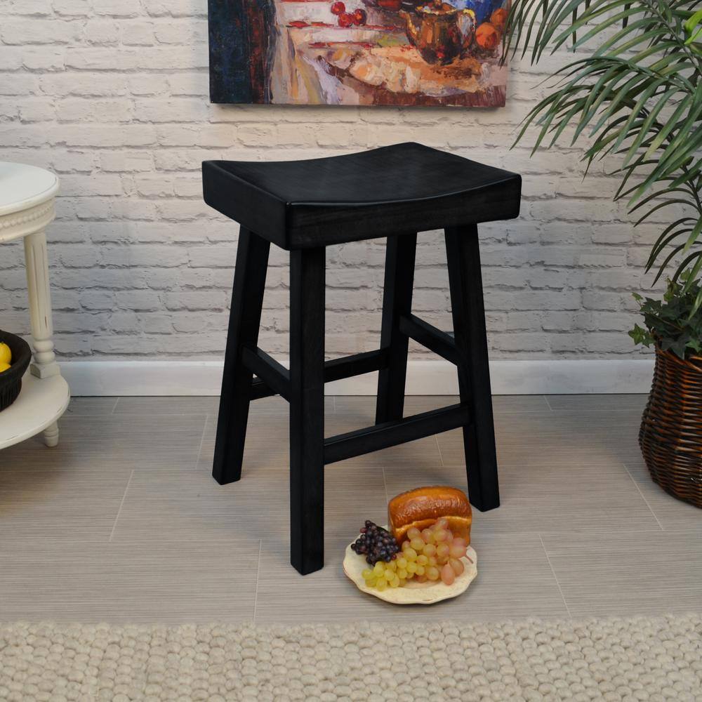 Antique Black Wood Saddle Style Backless Counter Stool 28"