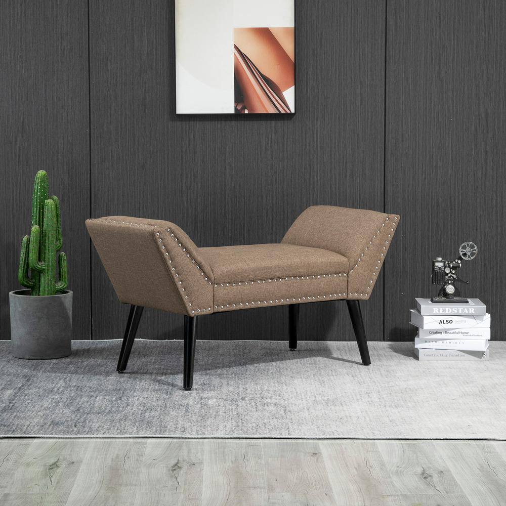 Brown Linen Backless Tufted Upholstered Bench with Arms