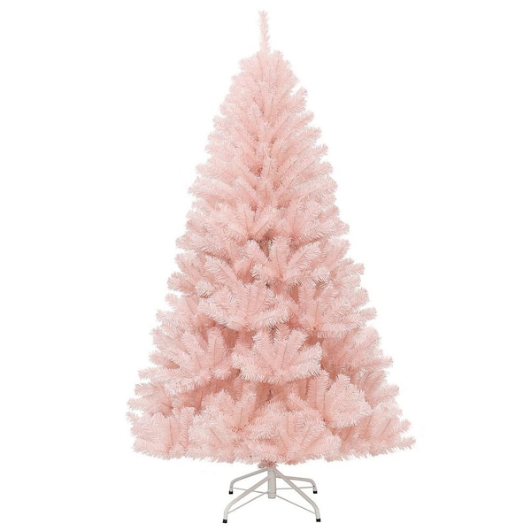ANGELES HOME 6 ft. Pink Unlit Hinged PVC Artificial Christmas Tree with Metal Stand
