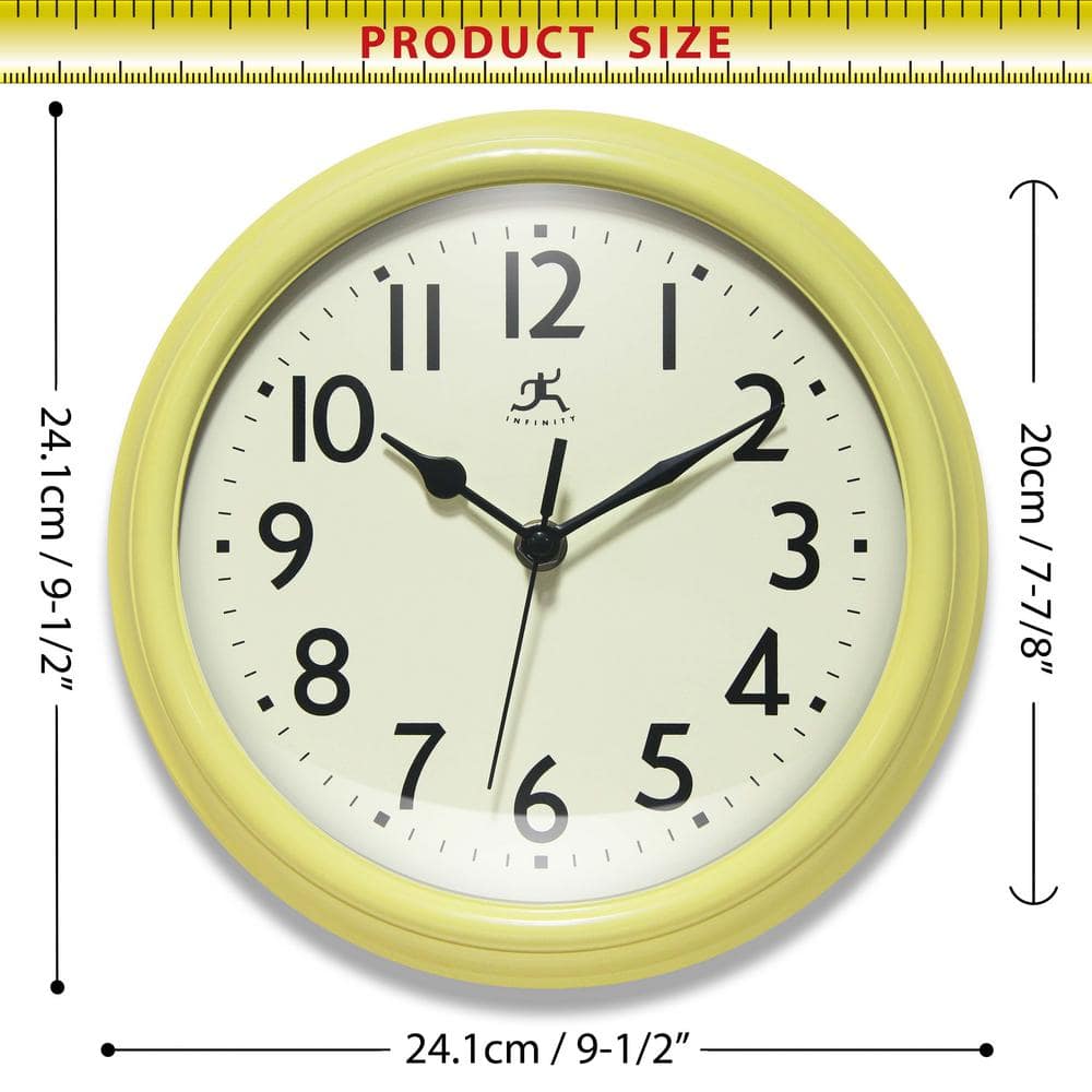 9.5" Yellow Plastic Retro Wall Clock with Black Metal Hands