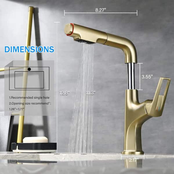 Single Handle Single Hole Bathroom Faucet with Pull Out Hose, Two-Spray Desigh in Brushed Gold