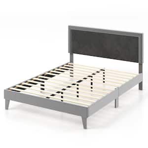 Queen Size Bed Frame Upholstered Platform Velvet Headboard Wooden Slats Gray