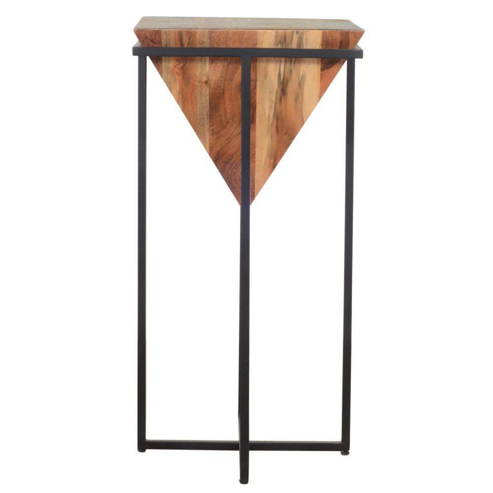 30-Inch Brown Acacia Wood Side Table with Black Metal Cross Base