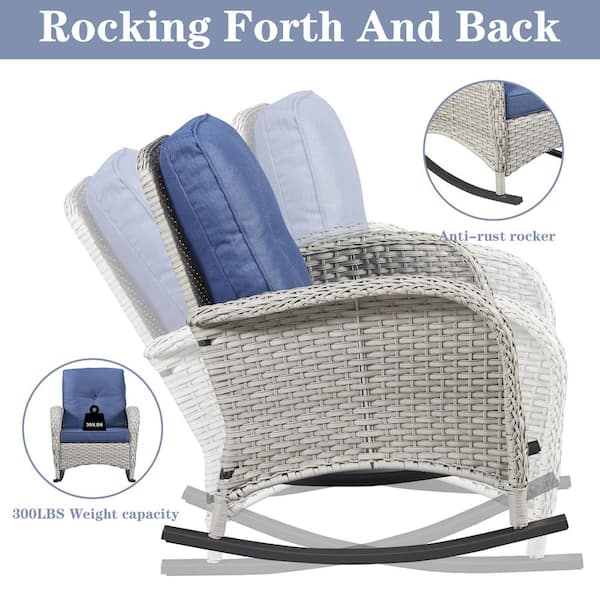 Light Beige 6-Piece Wicker Outdoor Rocking Chairs Patio Conversation Set with Navy Blue Cushions and Side Tables