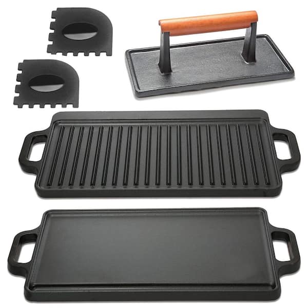 Angel Sar 3-Piece Cast Iron Griddle with Plus Cast Iron Grill Press and Pan Scrapers