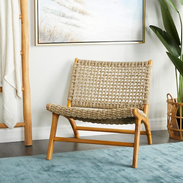 Litton Lane Light Brown Handmade Teak Wood Accent Chair with Woven Seagrass Seat