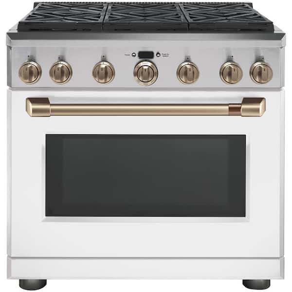 Cafe 36 in. 5.75 cu. ft. Dual Fuel Range with Self-Cleaning Convection Oven in Matte White, Fingerprint Resistant