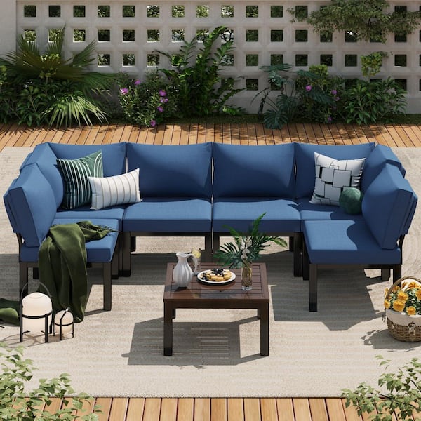 Sudzendf 7-Piece Wicker Outdoor Conversation Patio Furniture Set with Dark Blue Cushions