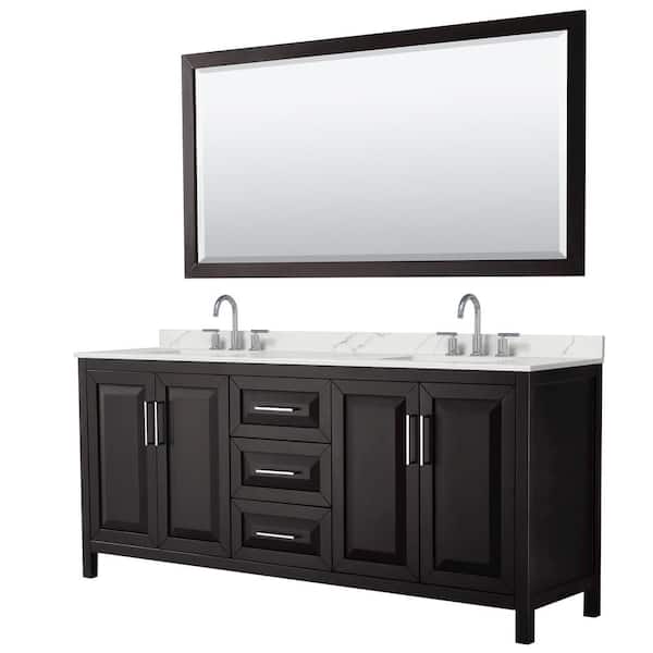 Wyndham Collection Daria 80 in. W x 22 in. D x 35.75 in. H Double Bath Vanity in Dark Espresso with Giotto Quartz Top and 70 in. Mirror