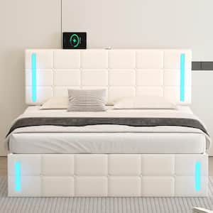White Wood Frame Queen Size PU Upholstered Platform Bed with LED, Hydraulic Storage System and USB Charging Station