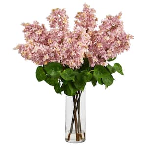 24 in. Pink Artificial Lilac Arrangement with Cylinder Glass Vase