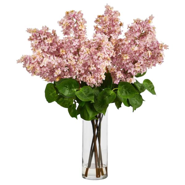 Nearly Natural 24 in. Pink Artificial Lilac Arrangement with Cylinder Glass Vase