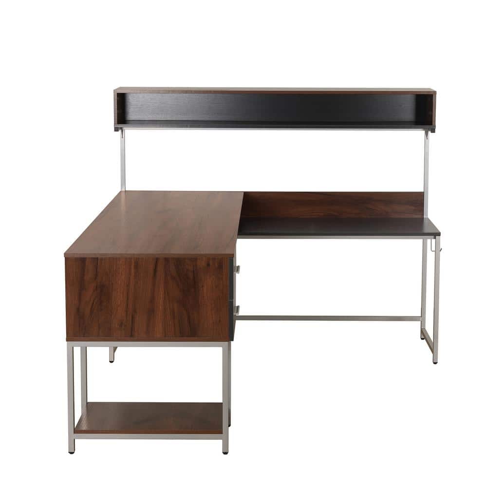 Walnut Wood L-Shaped Gaming Computer Desk with Hutch and Drawer