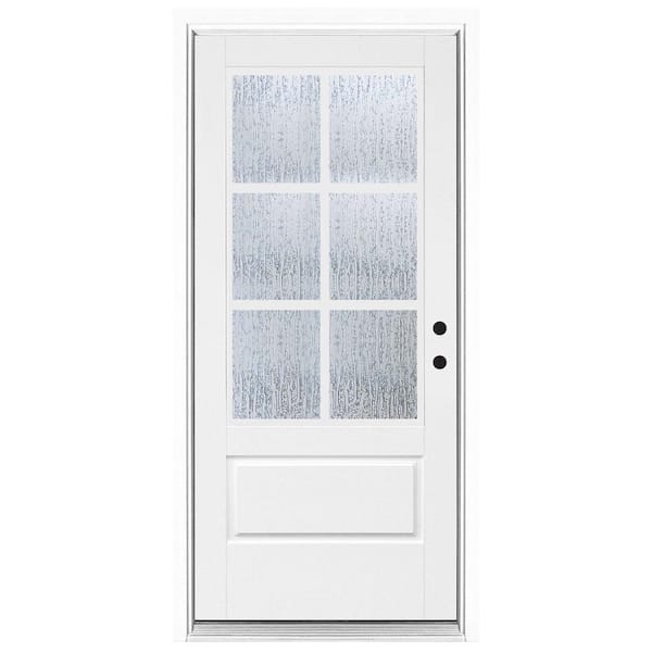 36 in. x 80 in. 3/4 Lite Left-Hand Inswing 6 Lite SDL Water Wave Glass Finished White Fiberglass Prehung Front Door