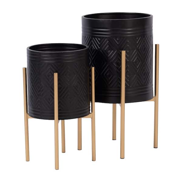 Unbranded S/2 AZTEC 14 in. L x 14 in. W x 23 in. H Black/Gold Finish Indoor/Outdoor Planter On Metal Stand Decorative Pot
