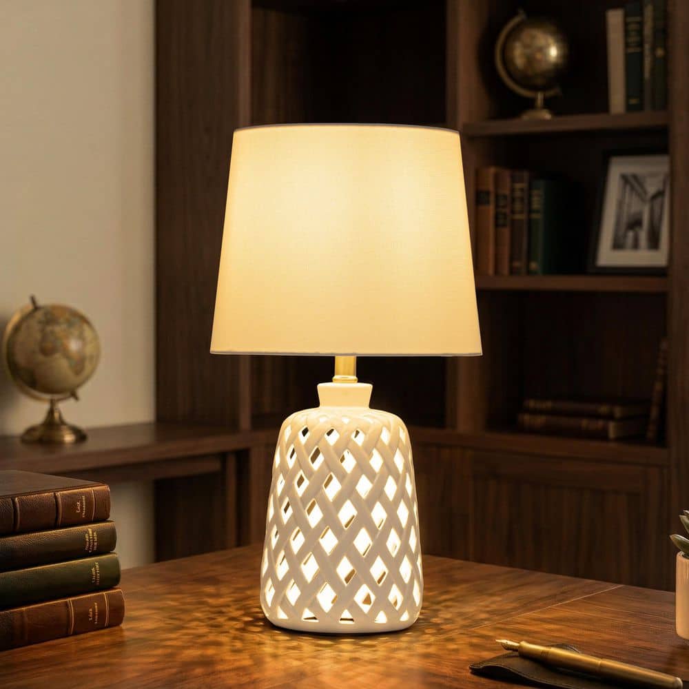 20 in. White Ceramic Table Lamp with Hollow Cut-Out Design, 3 Lighting Modes and White Linen Shade, 1-Light E26 Base price history on PriceWatchPro
