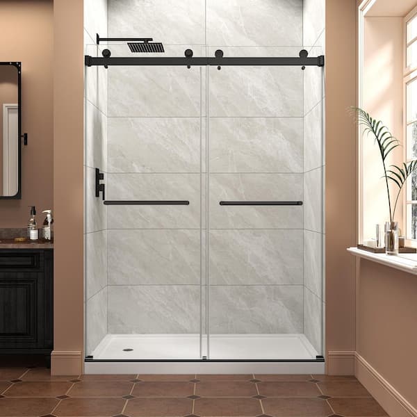 Blooming 60 in. W x 76 in. H Semi-Frameless Double Bypass Sliding Door in Matte Black with Tempered Glass