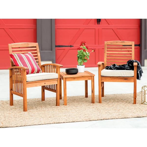 Walker Edison Furniture Company 3-Piece Acacia Wood Outdoor Dining Set with Tan Cushions