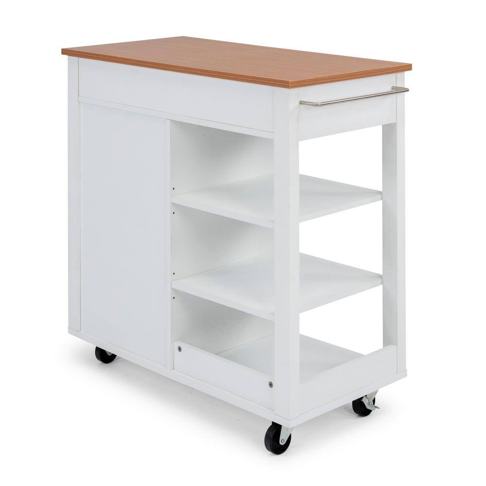 Off-White and Birch Wood Kitchen Cart with Storage