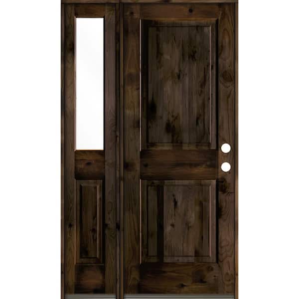56 in. x 80 in. Rustic knotty alder 2-Panel Sidelite Left-Hand/Inswing Clear Glass Black Stain Wood Prehung Front Door