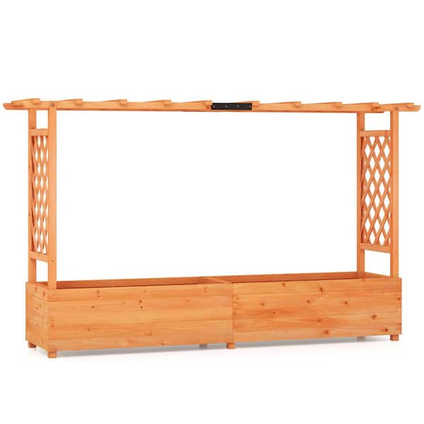 HONEY JOY Orange Wood Raised Garden Bed with Trellis Wood Elevated with Hanging Roof for Climbing Plants Flowers Vegetables