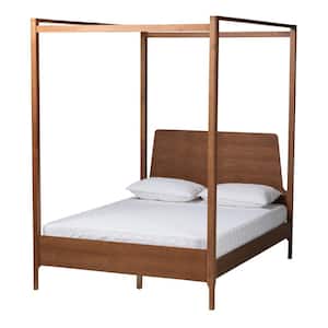 Roman Brown Wood Frame Queen Size Canopy Platform Bed