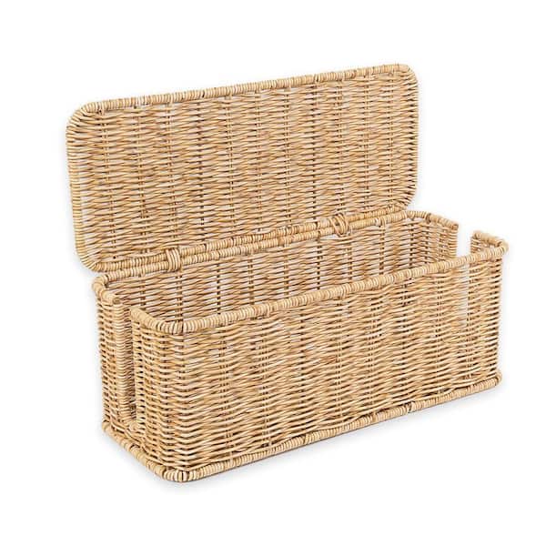 13 in. Natural Rattan Cable Management Box with Lid and 2 Cord Slots for Power Strip, Router and USB Hub