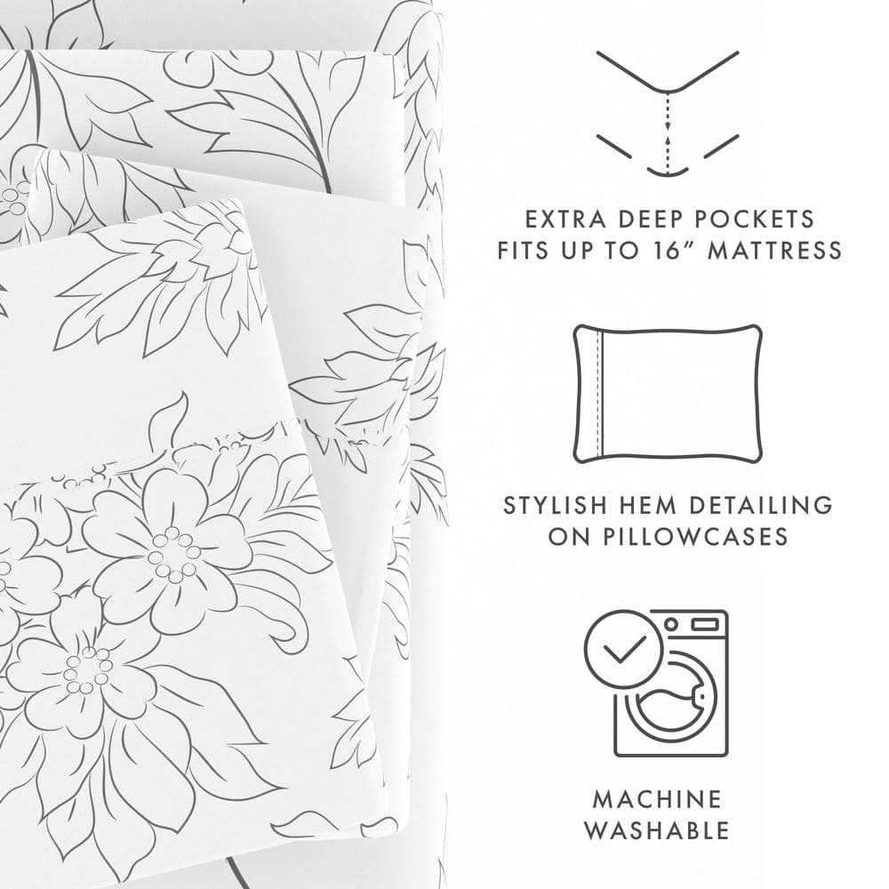 Gray and White Floral Queen Ultra Soft Microfiber Sheet Set