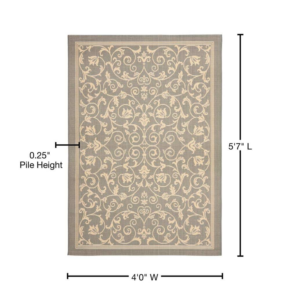 Gray Baroque Print Rectangular Synthetic Outdoor Rug