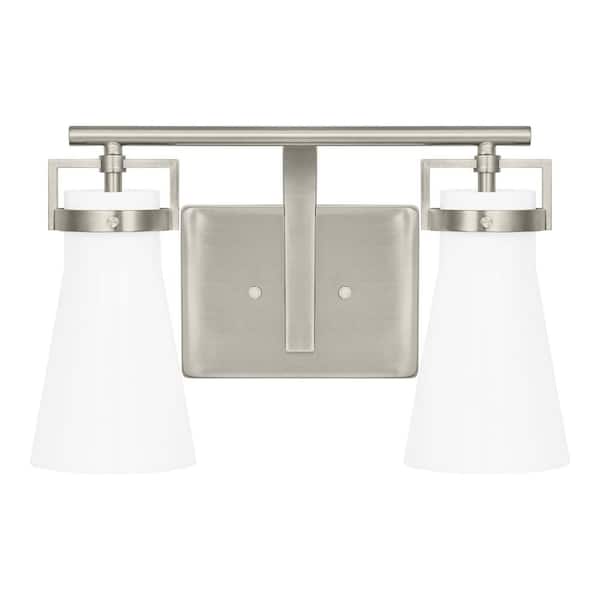Clermont 14.75 in. 2-Light Brushed Nickel Bathroom Vanity Light with Milk Glass Shades