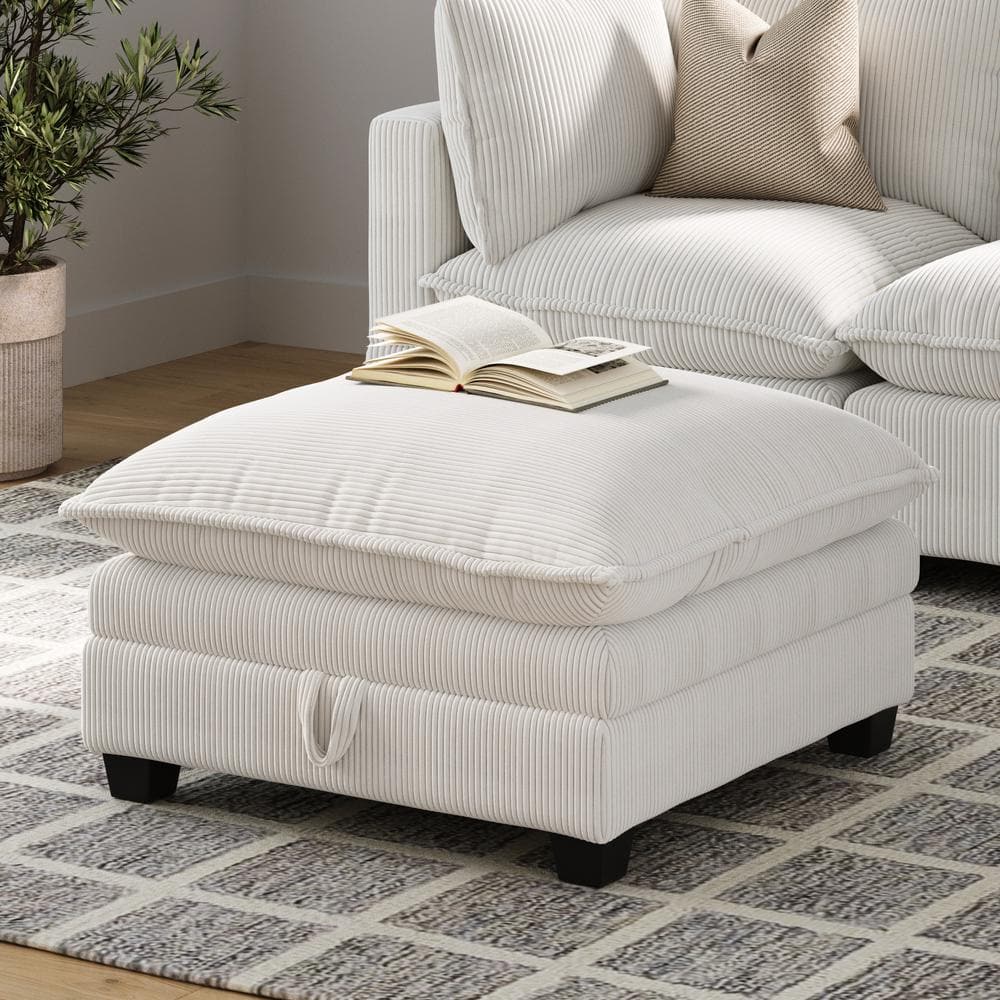Pearl White Corduroy Upholstered Storage Ottoman with Removable Cushions