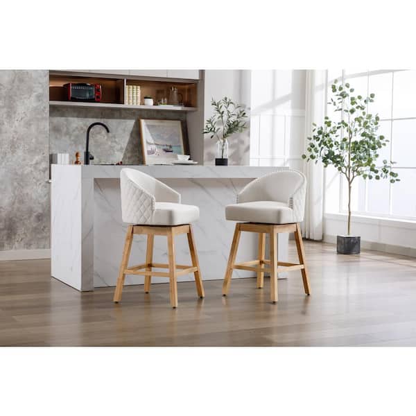 HOMEFUN 28.35 in. Contemporary Beige Linen Counter-Height Swivel Bar Stool with Wood Legs( Set of 2)