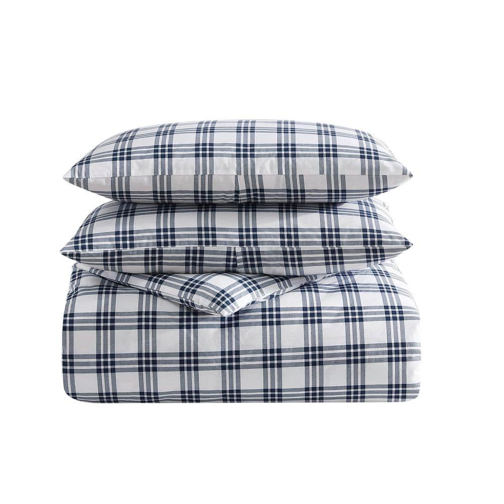 Navy Blue Plaid Cotton Full/Queen Duvet Set with Shams