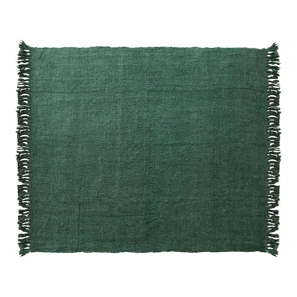 Green Woven Viscose Throw Blanket with Fringe